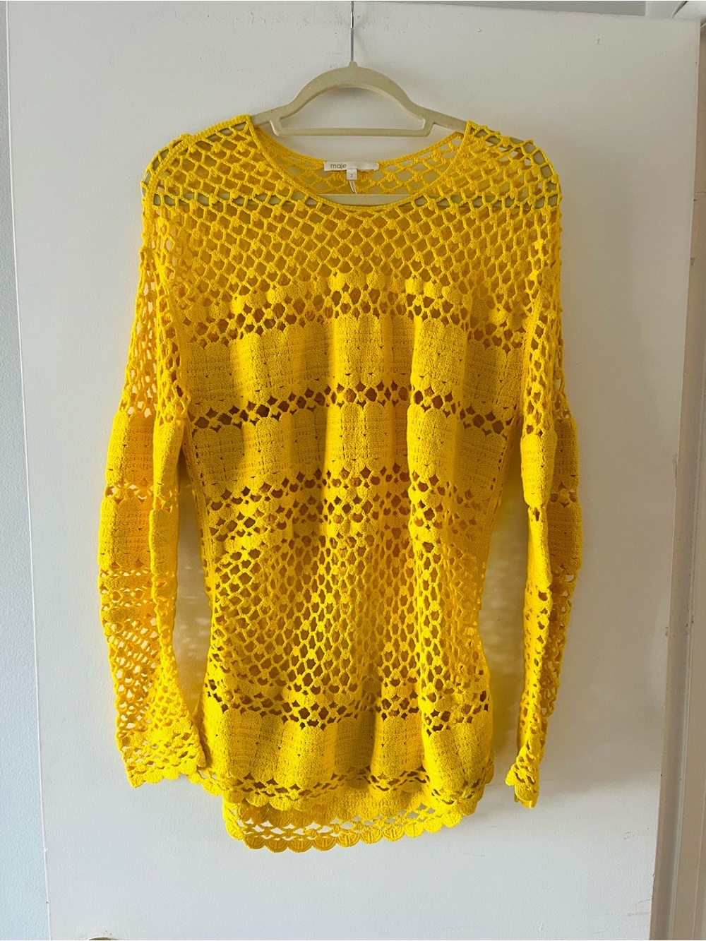 Maje Yellow Open-Knit Scoop-Neck Sweater